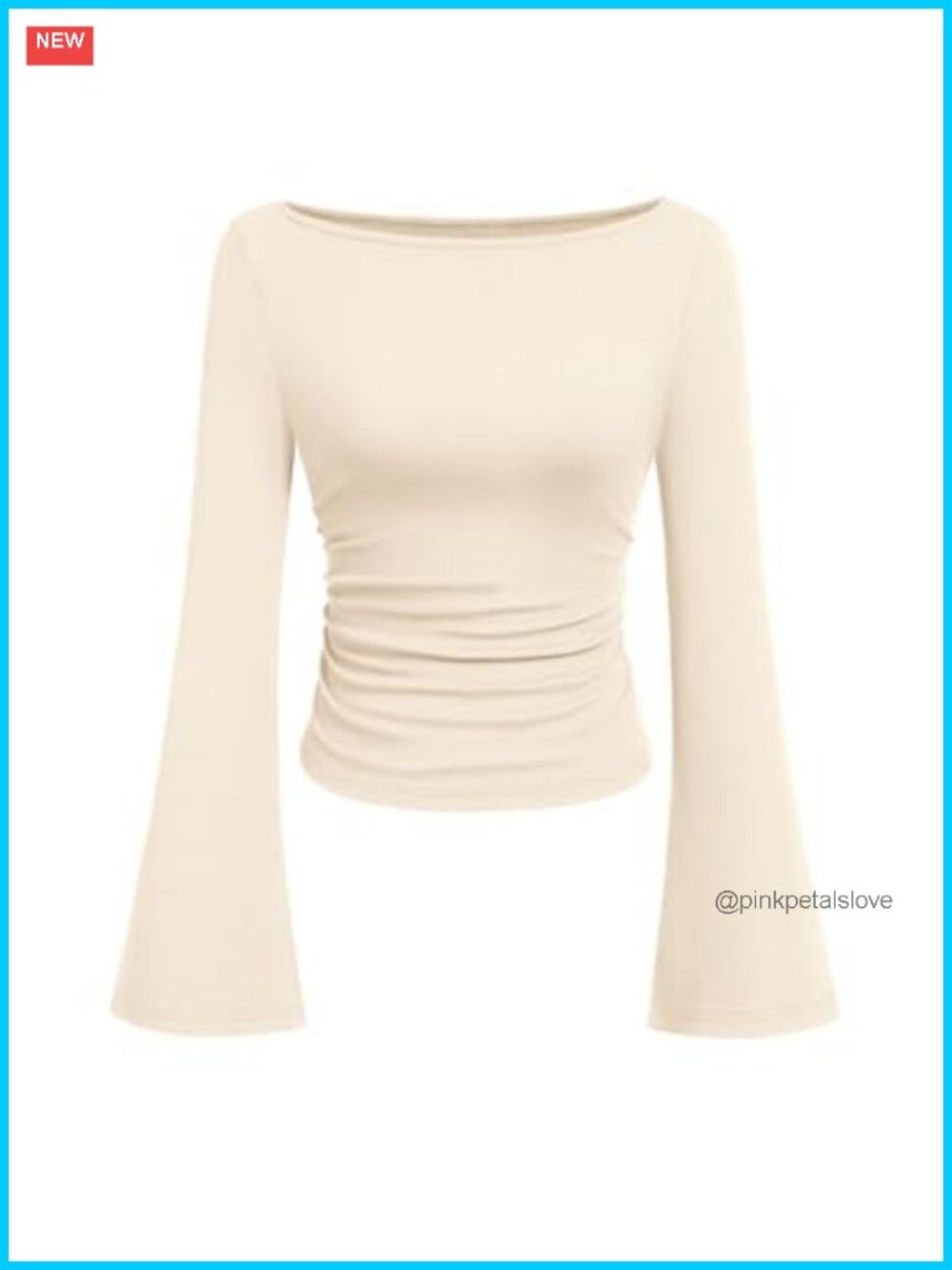 Womens Ribbed Knit Bell Sleeve Boat Neck Fitted Top Casual Tee